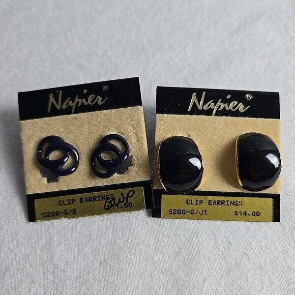 Napier Black Oval & Blue Circles Set of 2 VTG Costume Earrings Screw Clip On - Picture 1 of 11